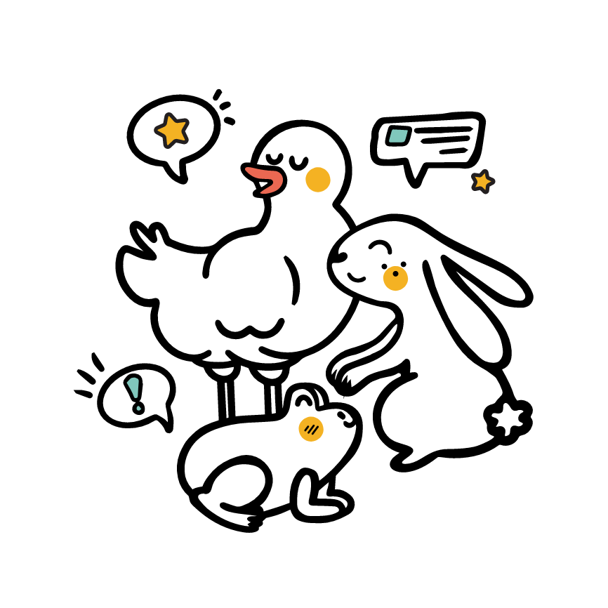 illustration of a duck, bunny and frog giving feedback